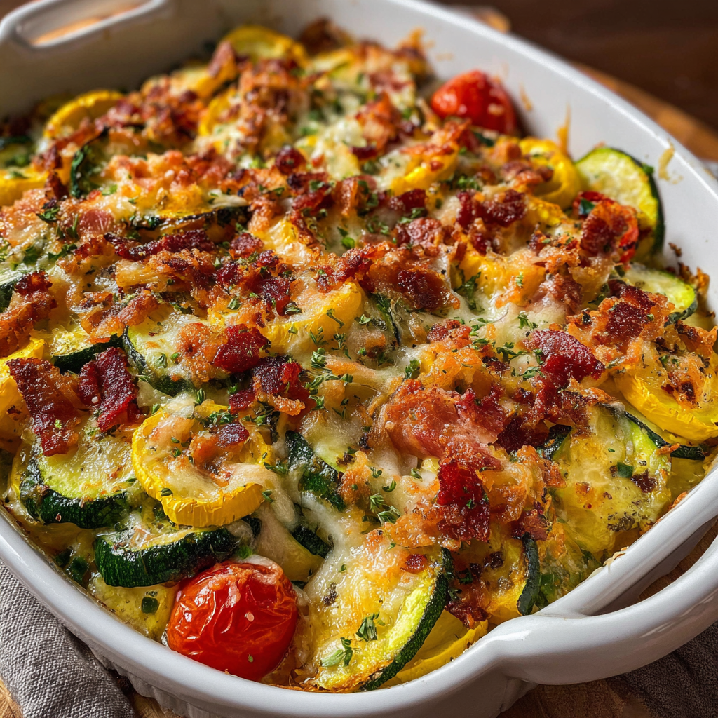 A dish of Loaded Zucchini and Squash Bake is presented on a wooden table.