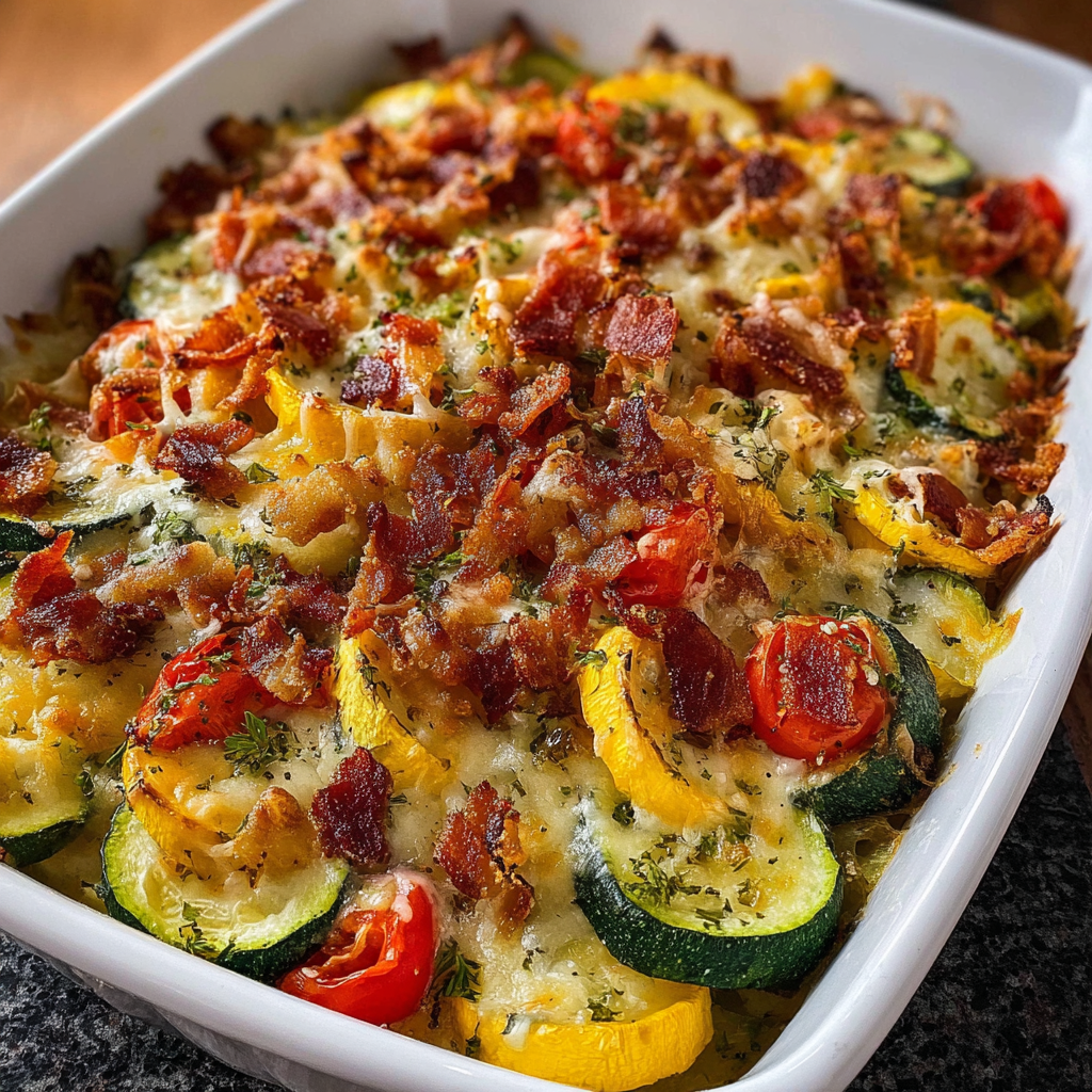 A delicious bacon and zucchini casserole in a white bowl.