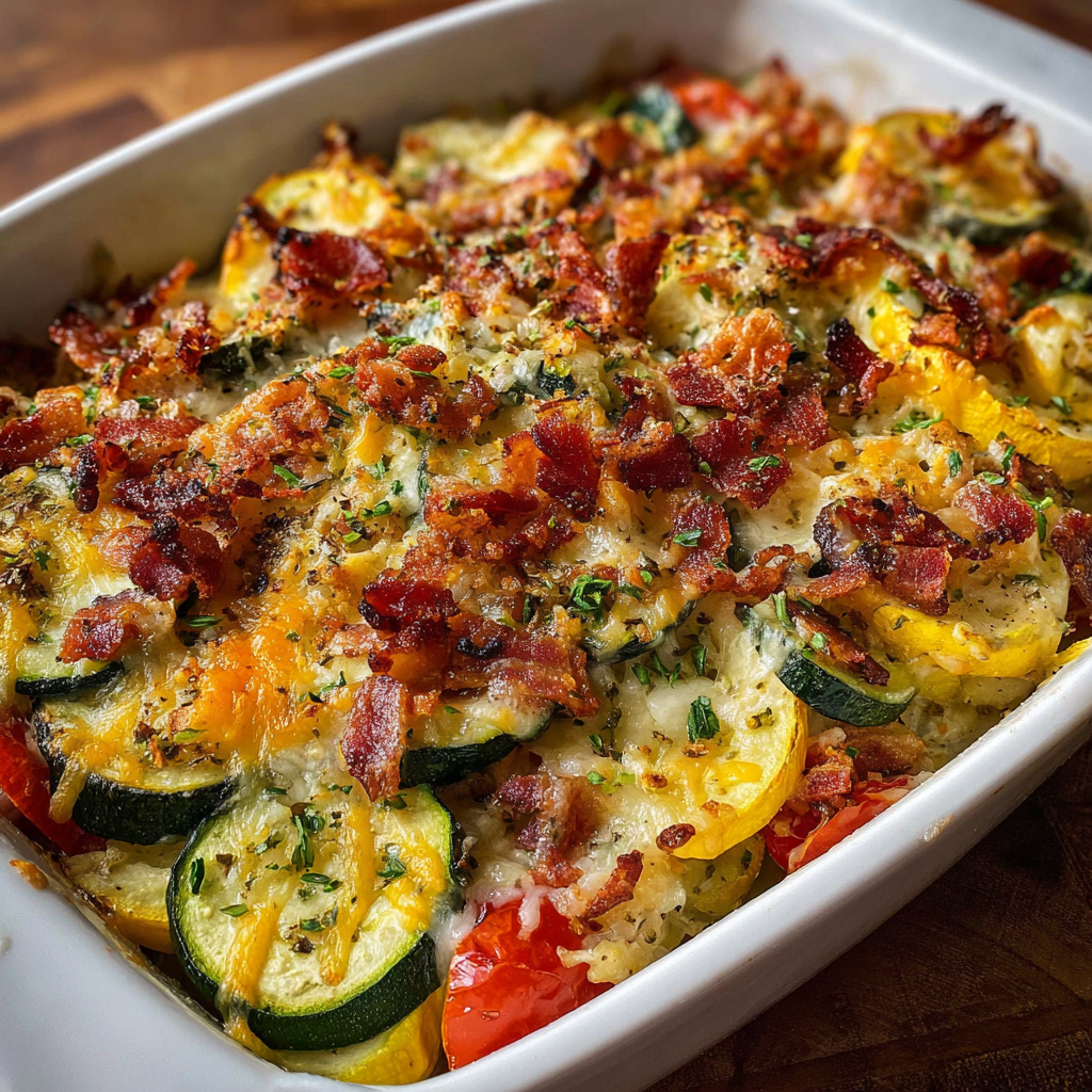A delicious bacon and zucchini casserole is ready to be served.