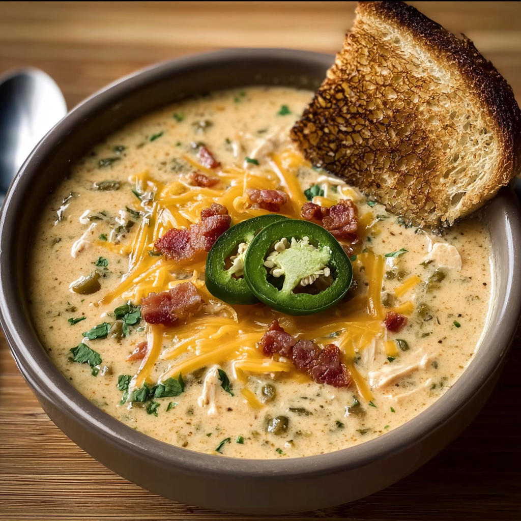 A bowl of soup with a slice of toast on top.