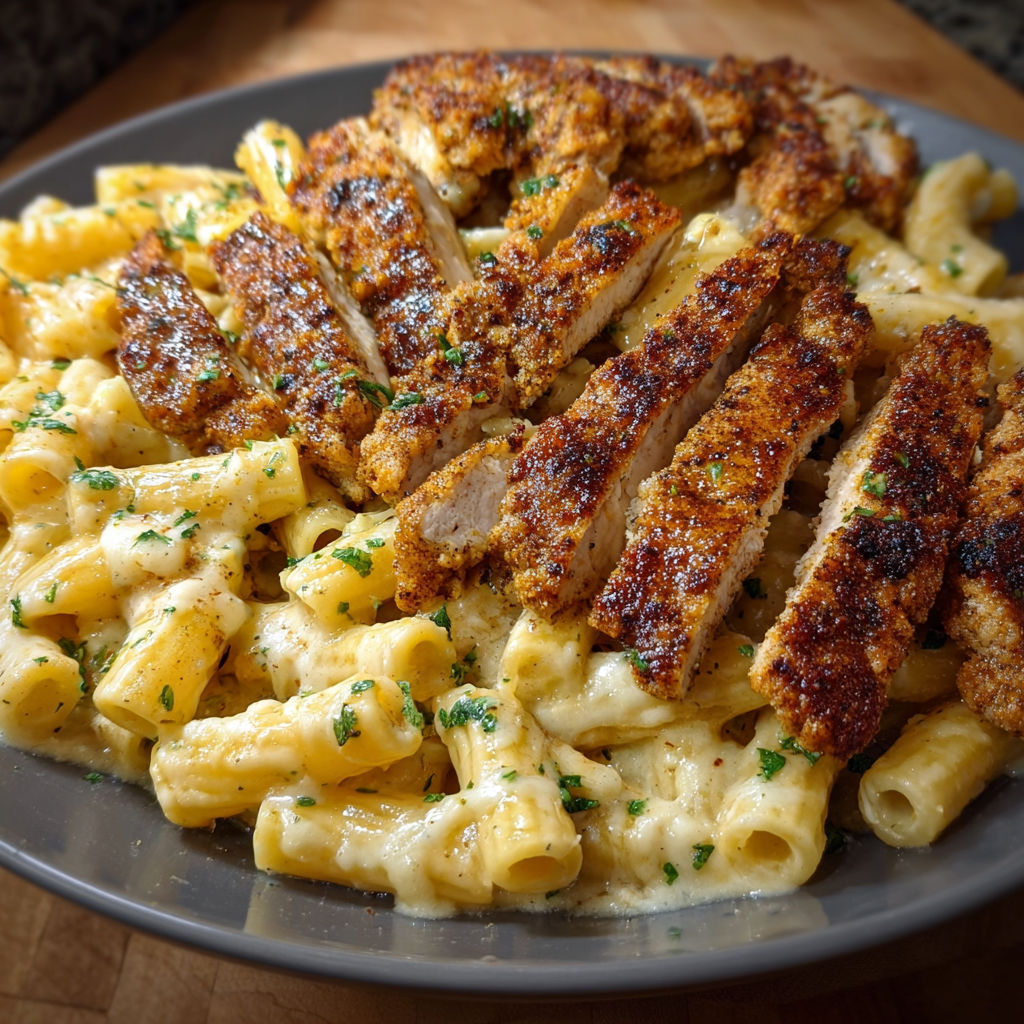 A plate of pasta with chicken and cheese on top.