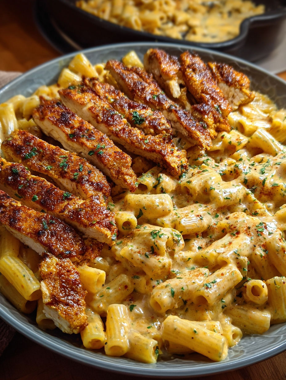 A delicious meal of chicken and pasta with a creamy sauce.