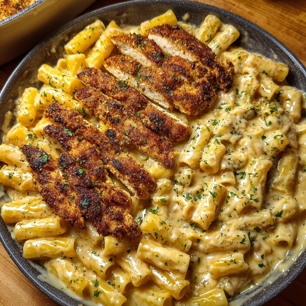 A delicious pasta dish with chicken and cheese, served in a silver bowl.