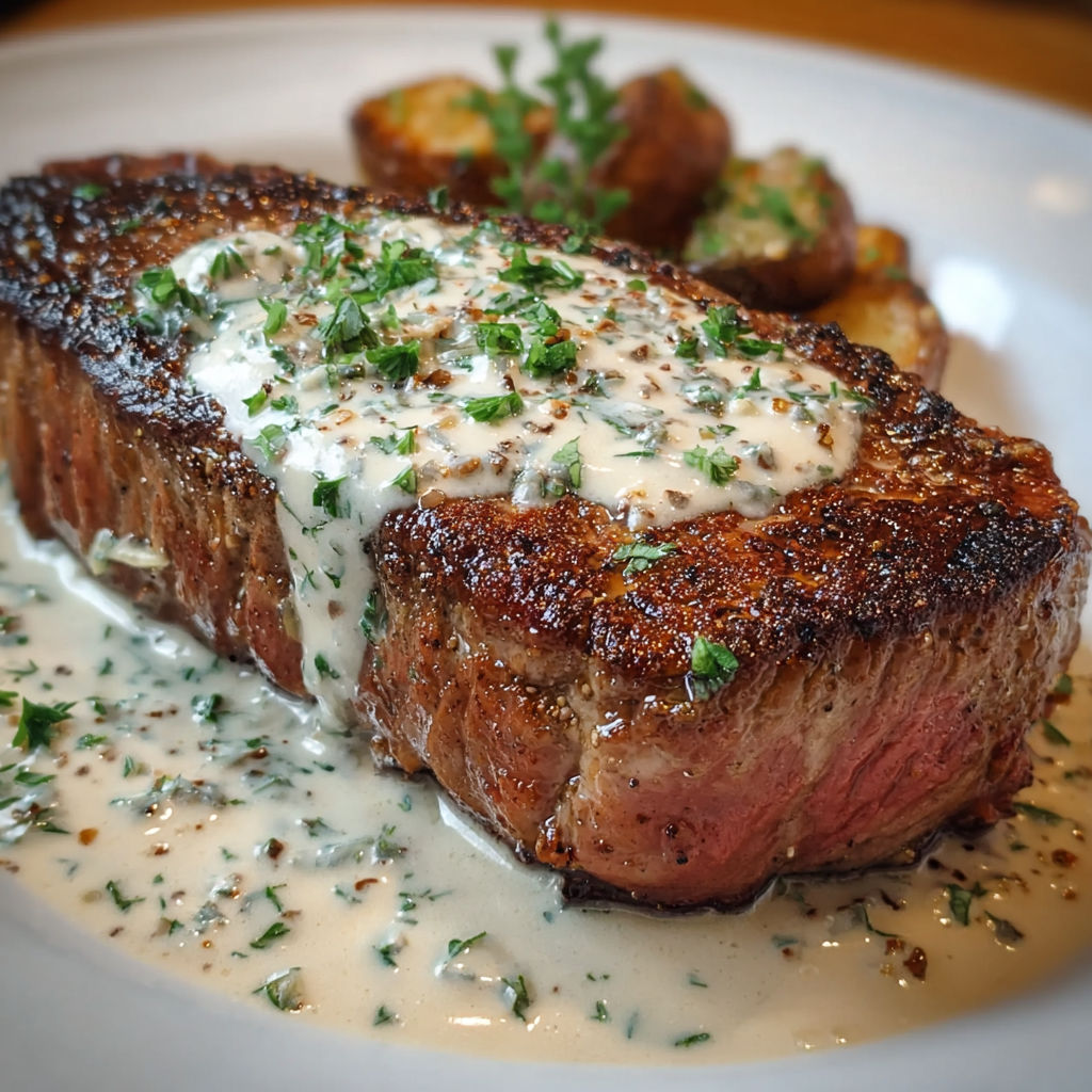 A delicious bourbon steak with haunted garlic cream sauce, served on a white plate.