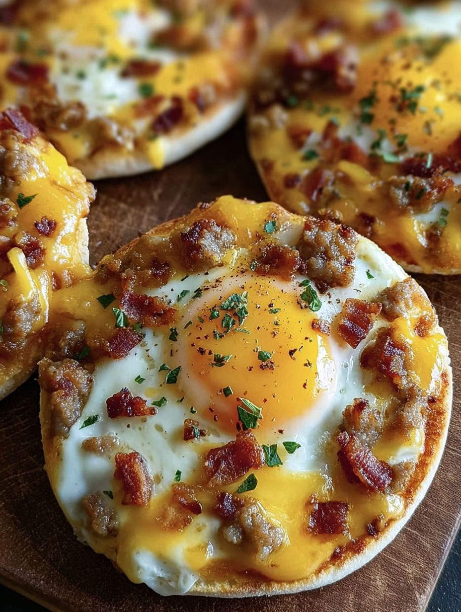A close up of a breakfast pizza with an egg and bacon on top.