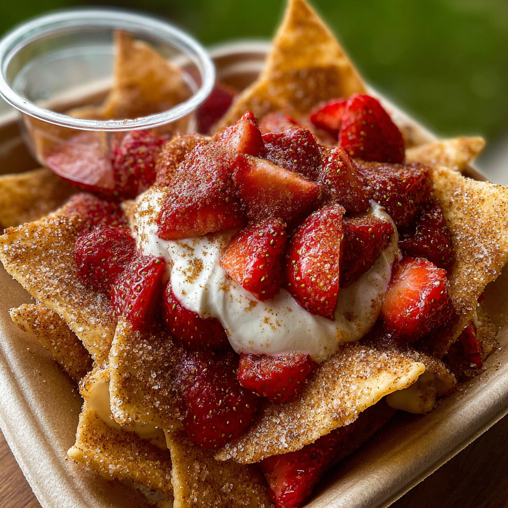 A bowl of strawberry and cream covered chips.