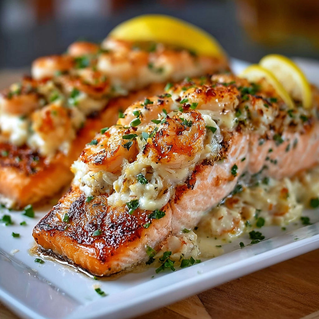 A plate of cooked salmon with lemon wedges on top.