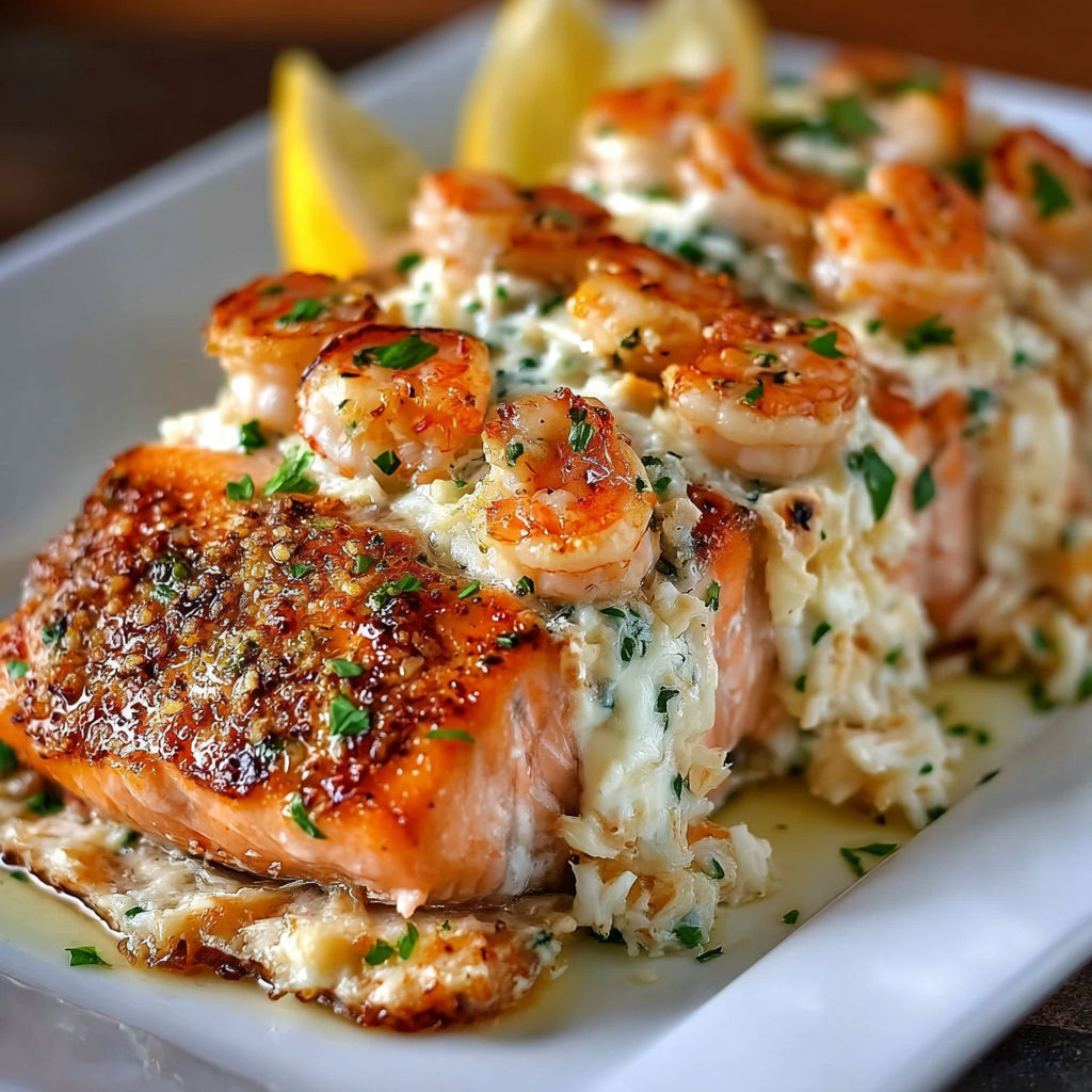 A plate of shrimp and lemon with a sauce on top.