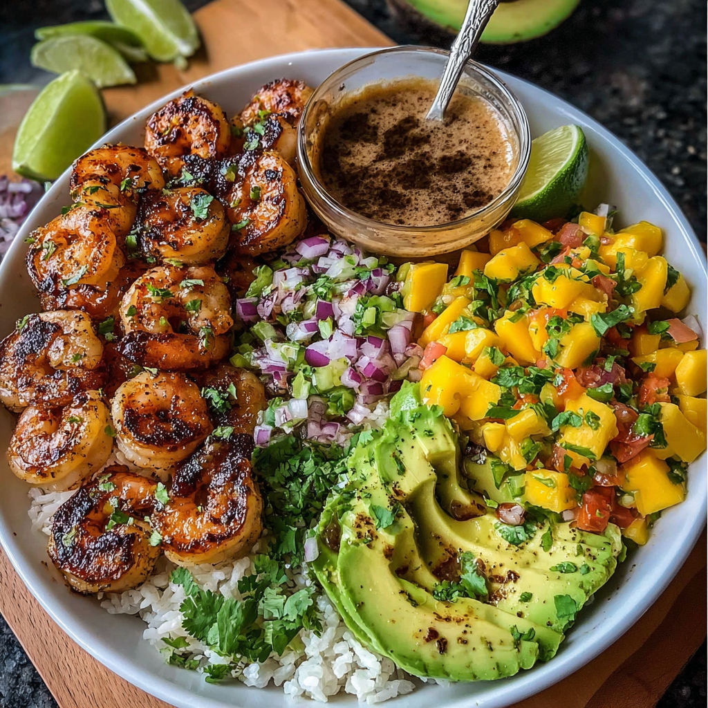 A bowl of shrimp, avocado, and mango salsa with a lime-chili sauce.