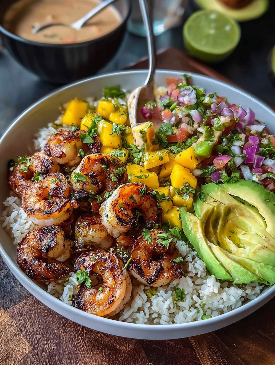 A bowl of shrimp and rice with a spoon in it.