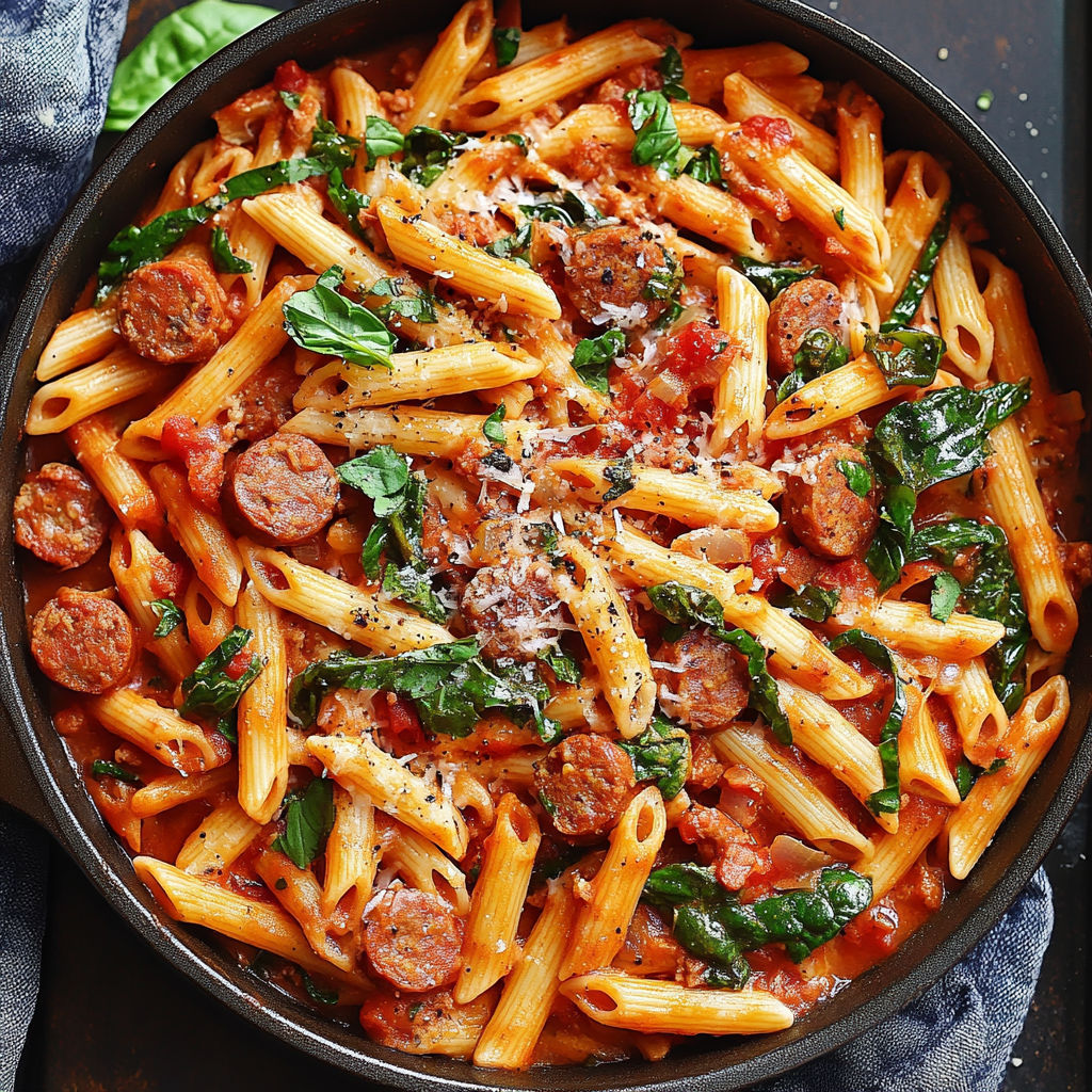 A delicious Cheesy Sausage Pasta dish is served in a large bowl.