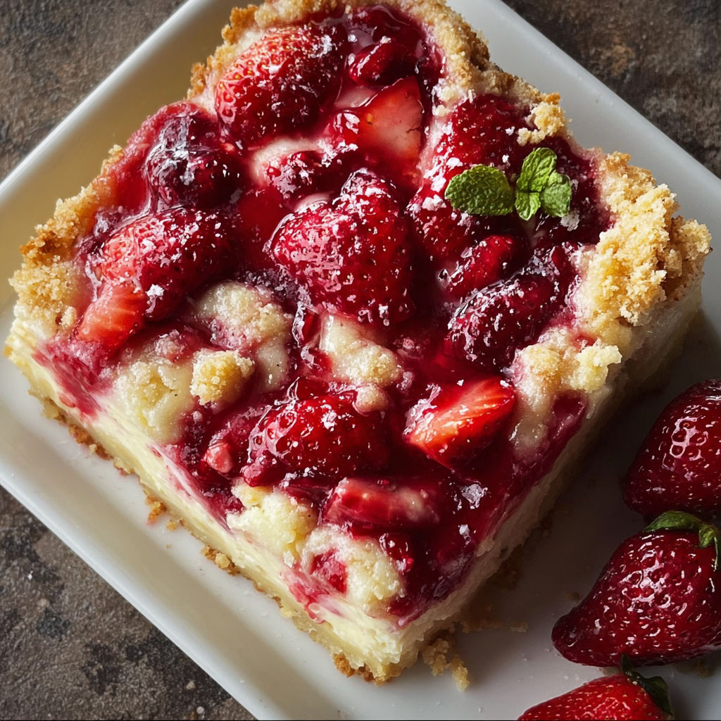 A slice of Strawberry Cheesecake Dump Cake is displayed on a plate.