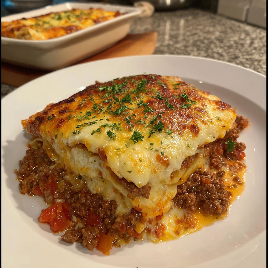 A delicious homemade ground beef lasagna is served on a white plate.