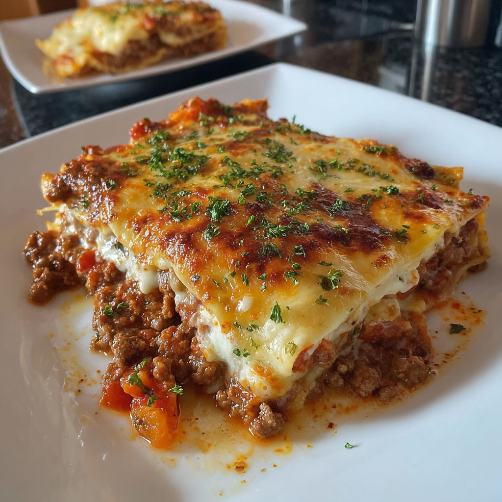 A delicious lasagna dish is served on a white plate.