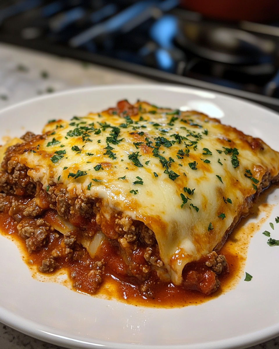 A white plate with a slice of lasagna on it.