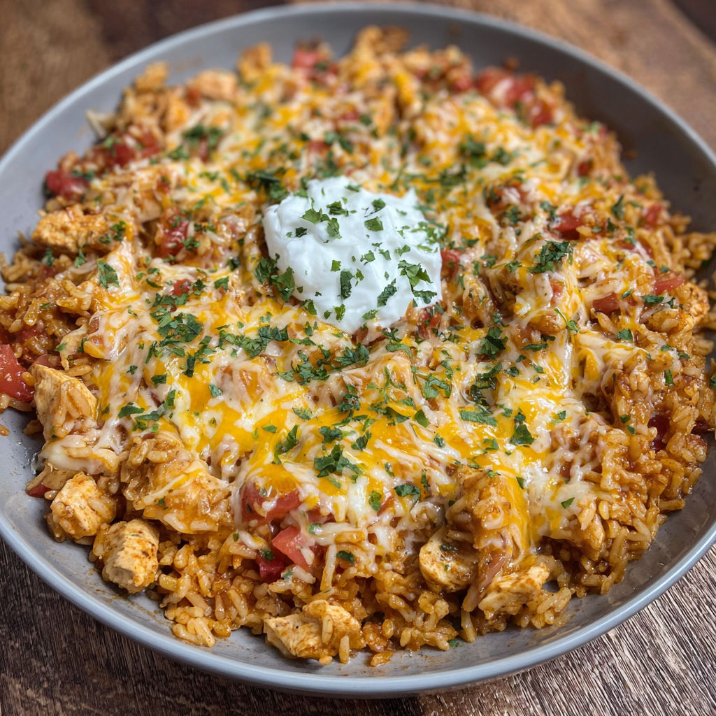 A delicious Cheesy Chicken Taco Rice dish is served in a bowl, topped with a dollop of sour cream.