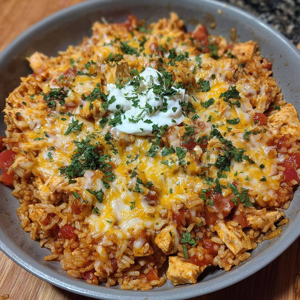 A delicious Cheesy Chicken Taco Rice dish is served in a bowl, ready to be enjoyed.