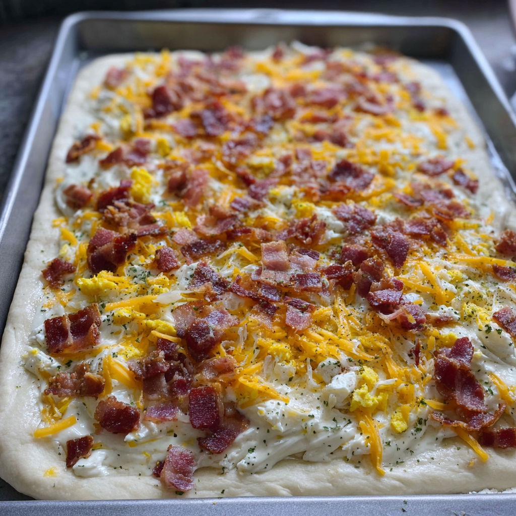 A delicious bacon and cheese pizza is ready to be baked.