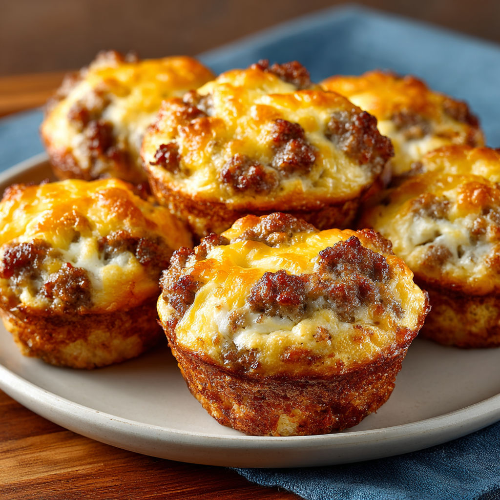 A plate of sausage muffins with cheese on top.