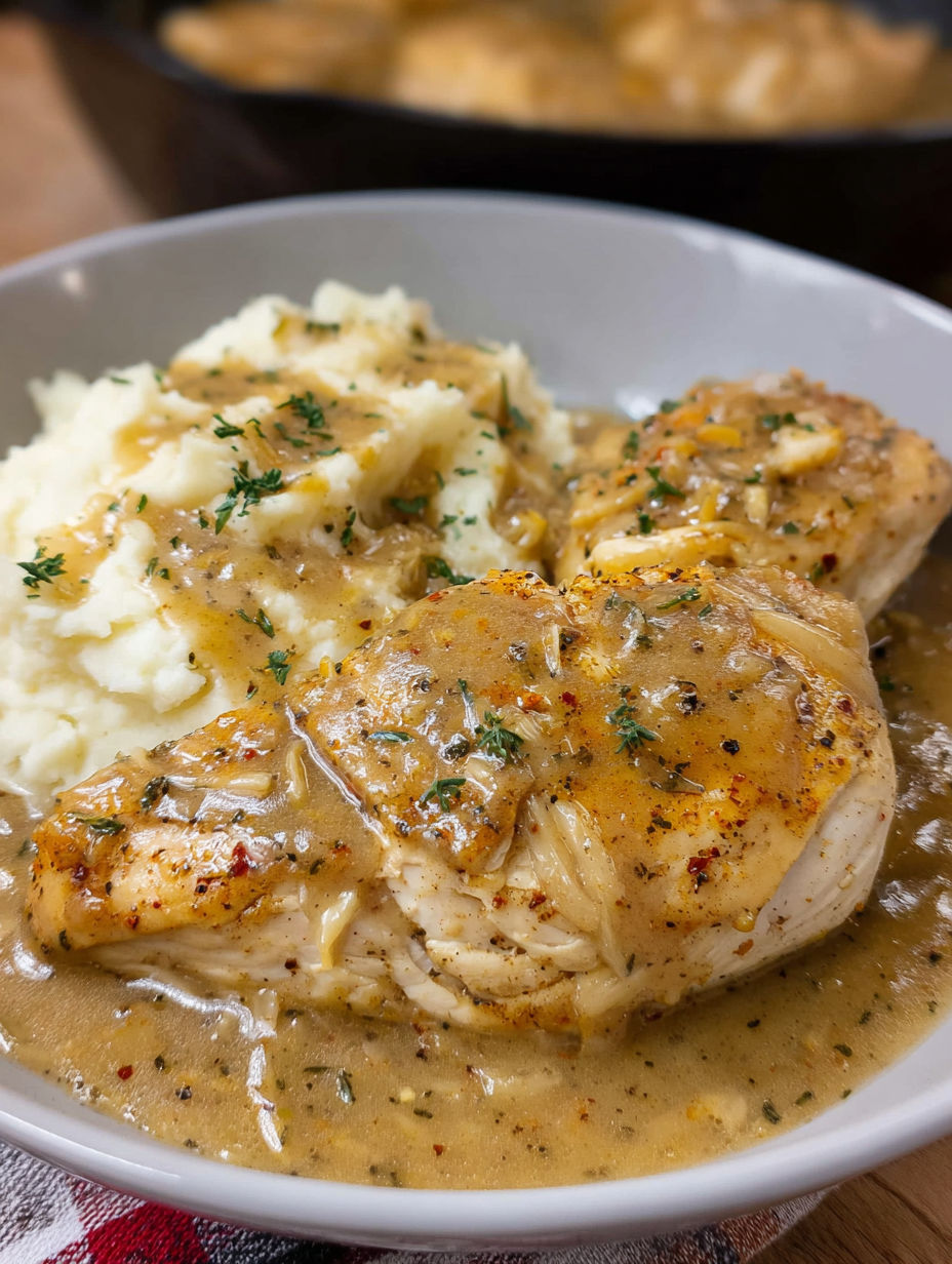 A plate of chicken with mashed potatoes and gravy, served with a side of herbs.