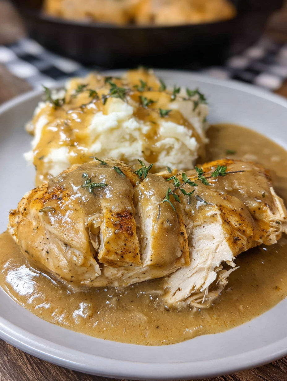 A plate of chicken with gravy and mashed potatoes.