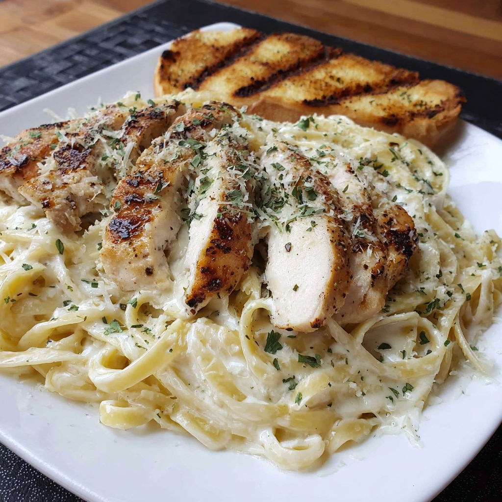 A plate of chicken Alfredo with bread and pasta.
