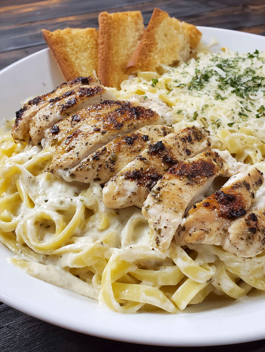 A plate of pasta with chicken and bread.