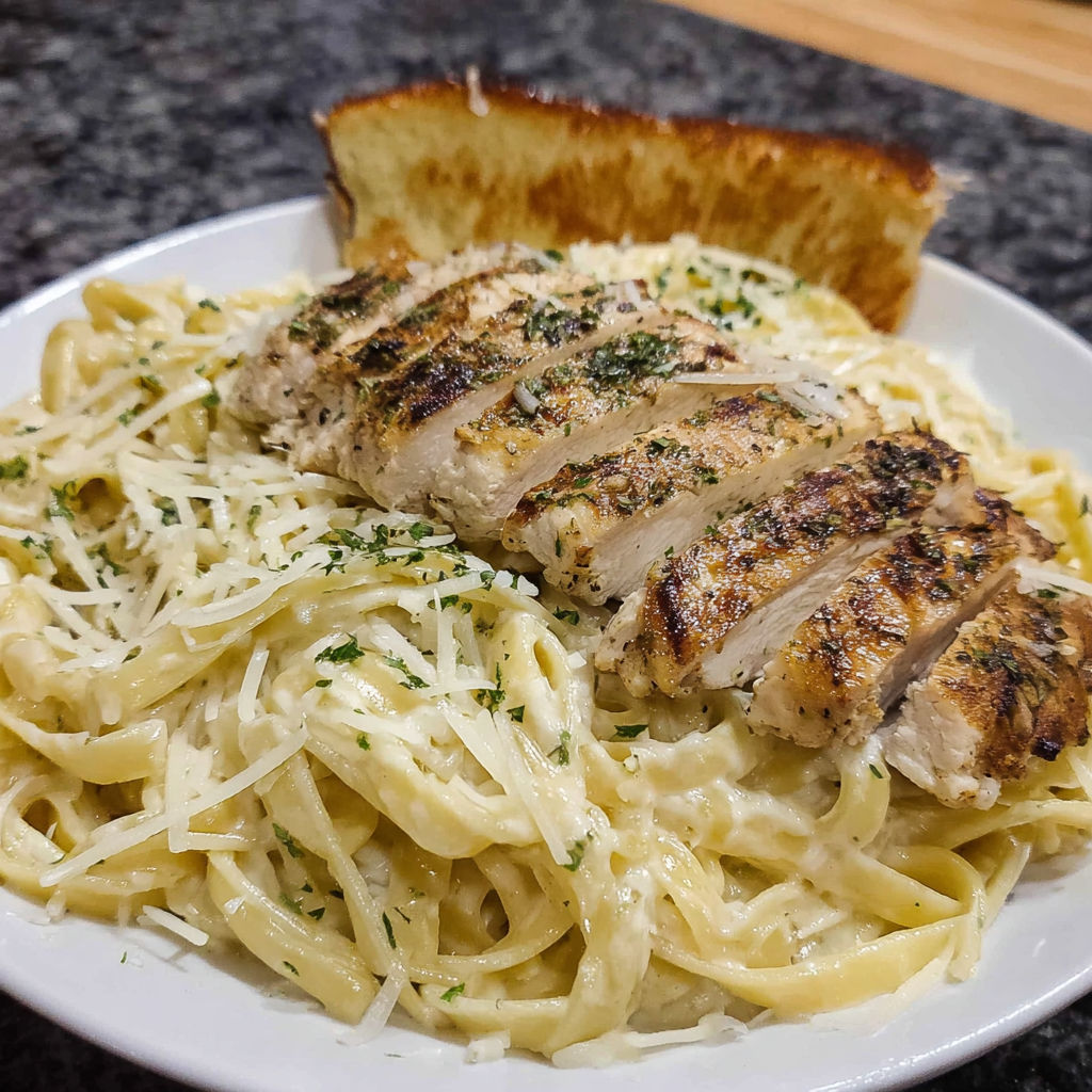 A plate of spaghetti with chicken and cheese on top.