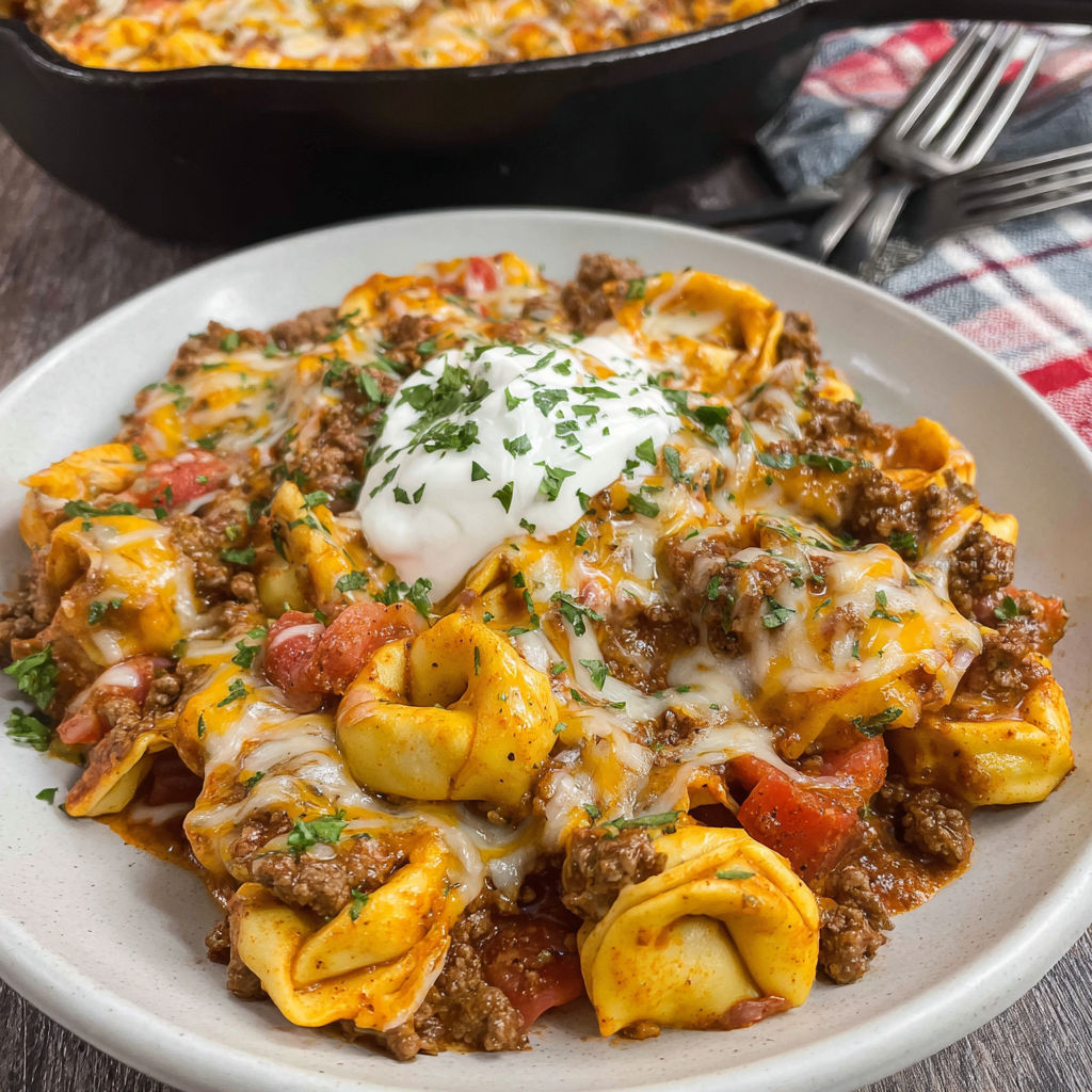 A delicious Cheesy Beef Enchilada Tortellini dish served in a white bowl.