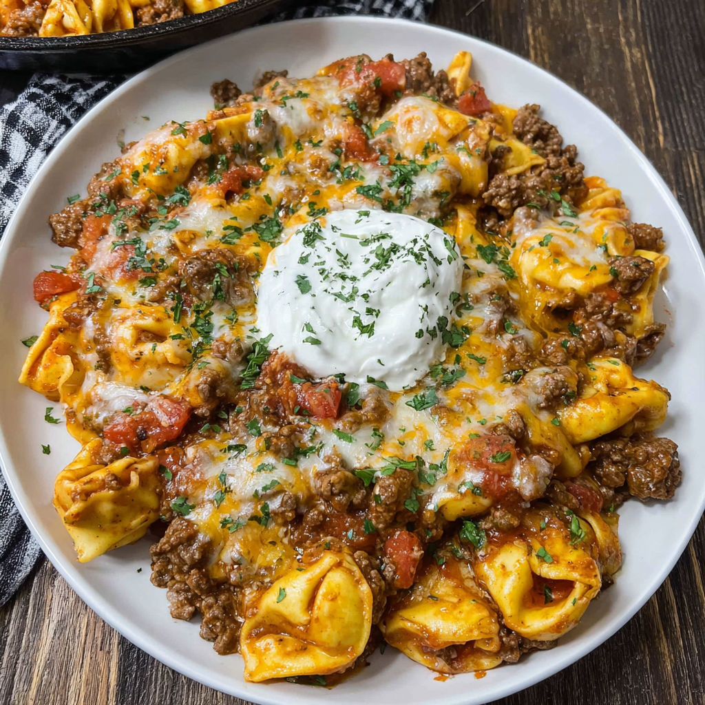 A delicious meal of pasta with meat and cheese, served on a white plate.