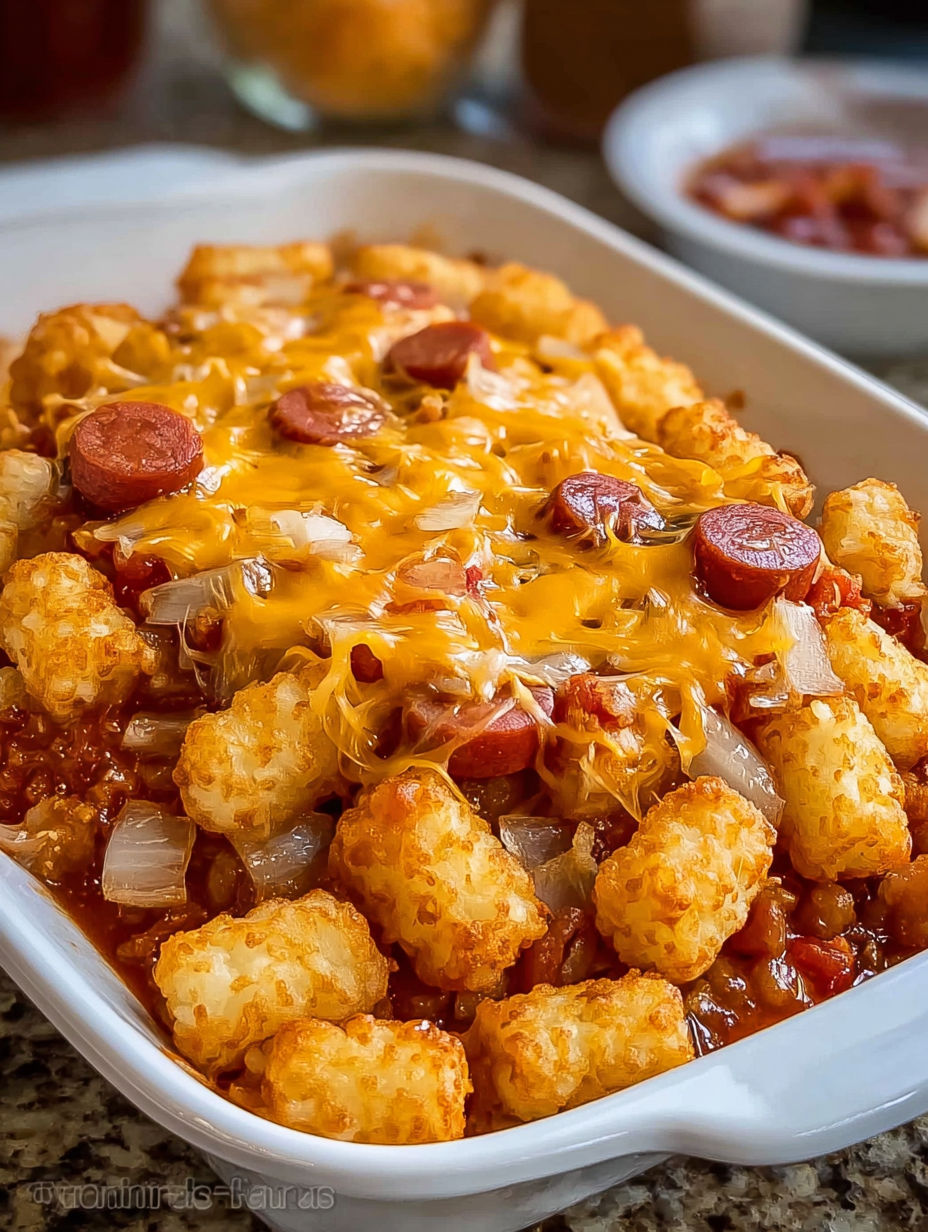 A dish of chili cheese tater tots with onions and peppers.