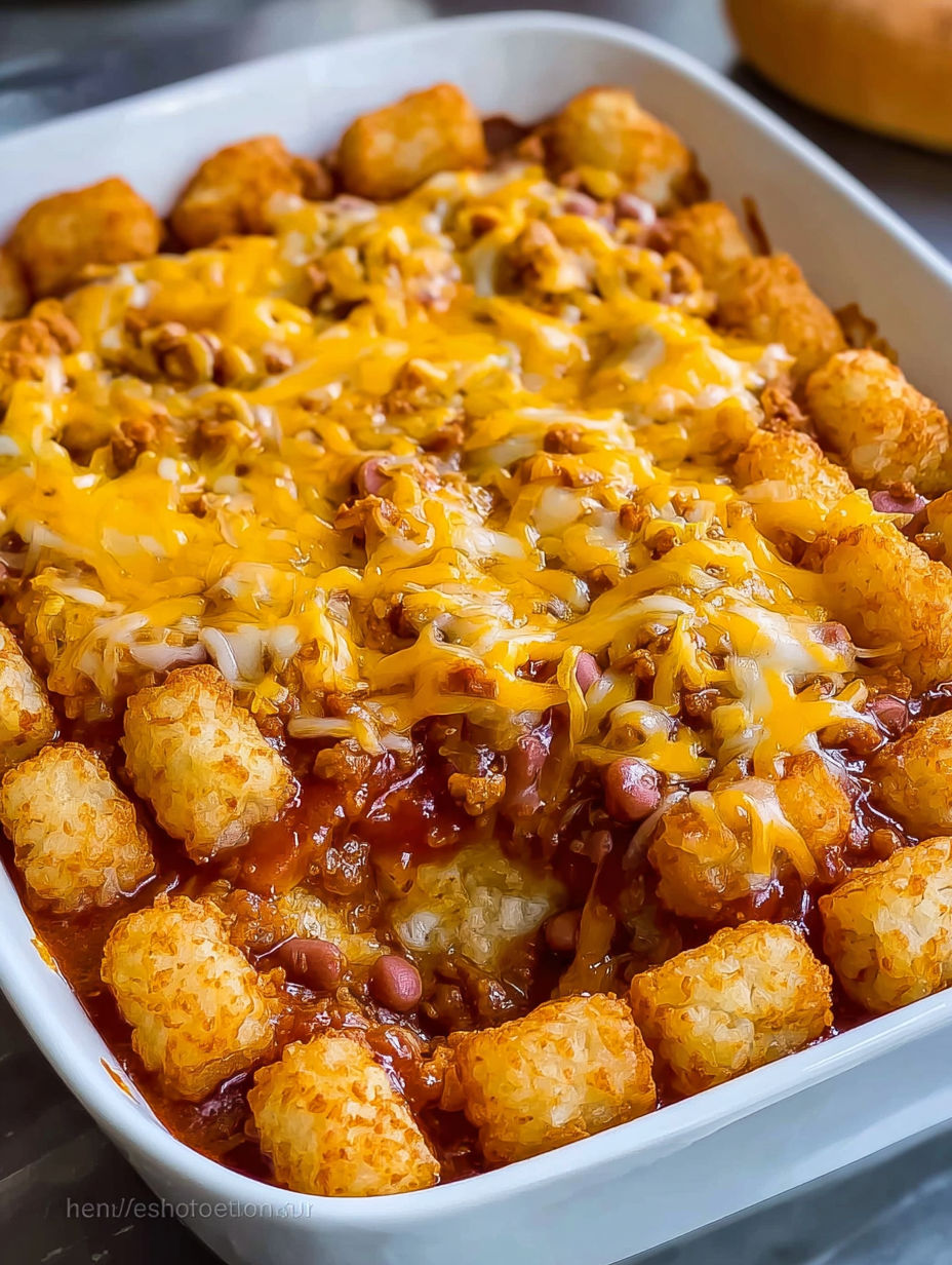 A delicious chili cheese casserole with a generous amount of cheese and chili.