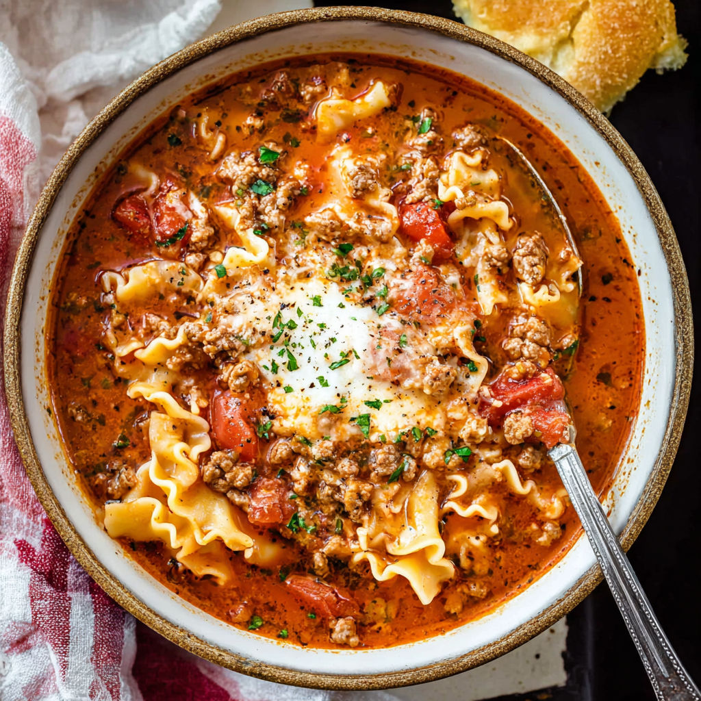 A bowl of pasta with meat sauce and tomatoes, accompanied by a piece of bread.