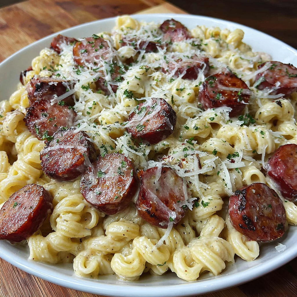 A delicious Smoked Sausage Alfredo Pasta dish, topped with cheese and sausage, is served on a white plate.