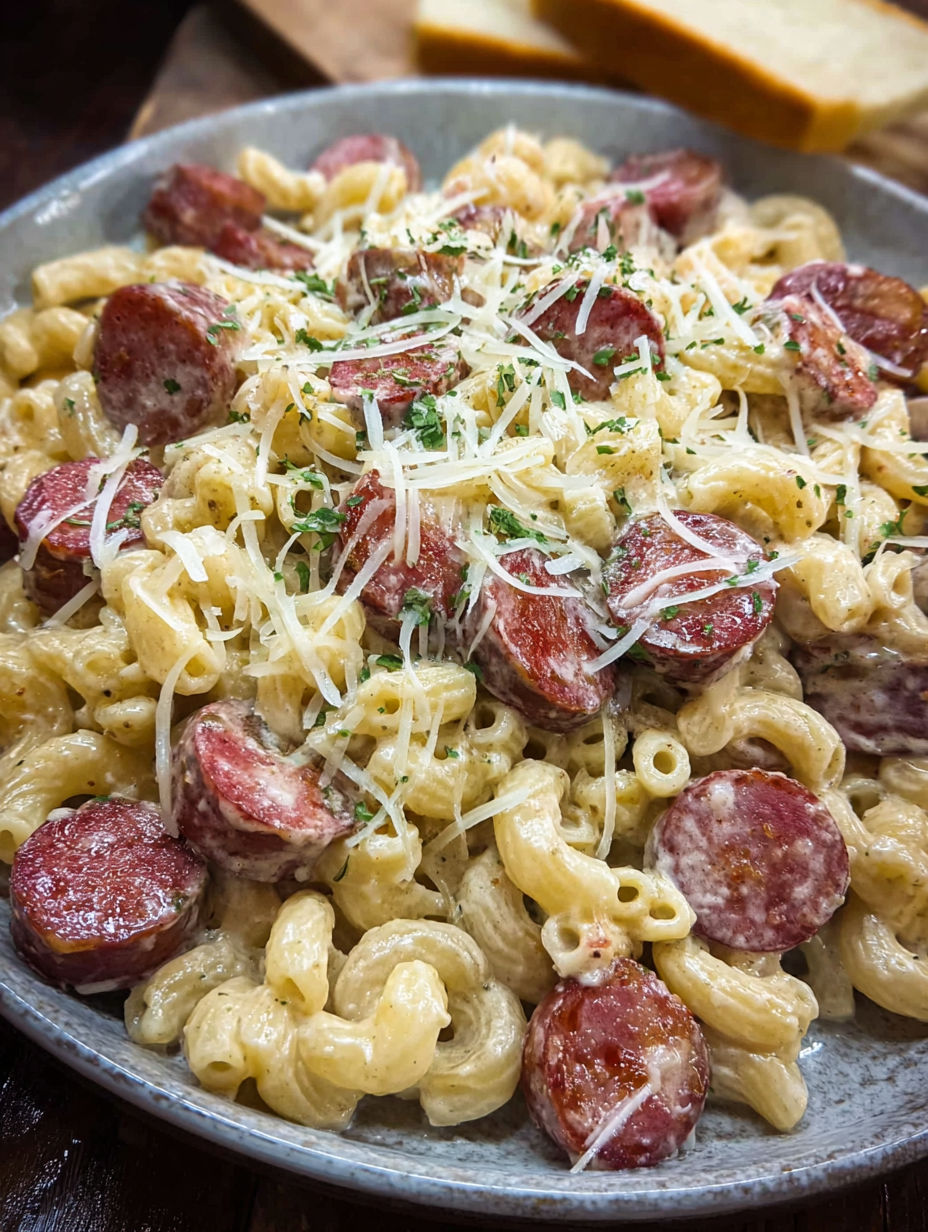 A delicious pasta dish with sausage and cheese, likely a spaghetti carbonara.