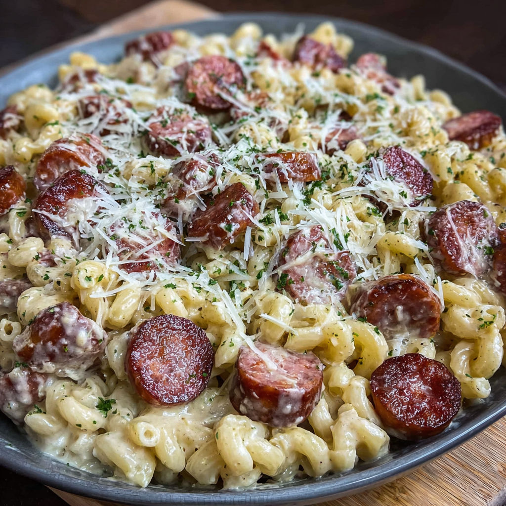 A delicious pasta dish with sausage and cheese, served in a bowl.