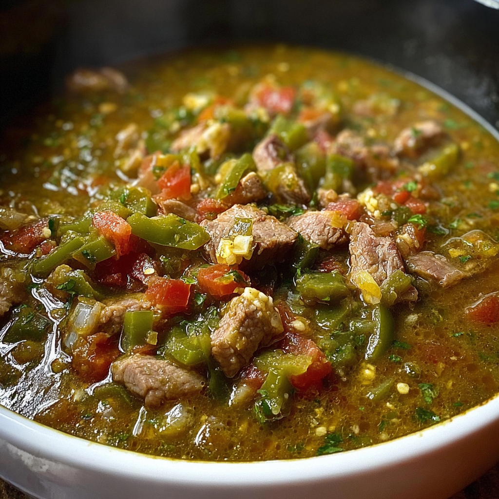 A bowl of Grandma's Chili Verde and Spanish Rice, filled with meat and vegetables, sits on a table.
