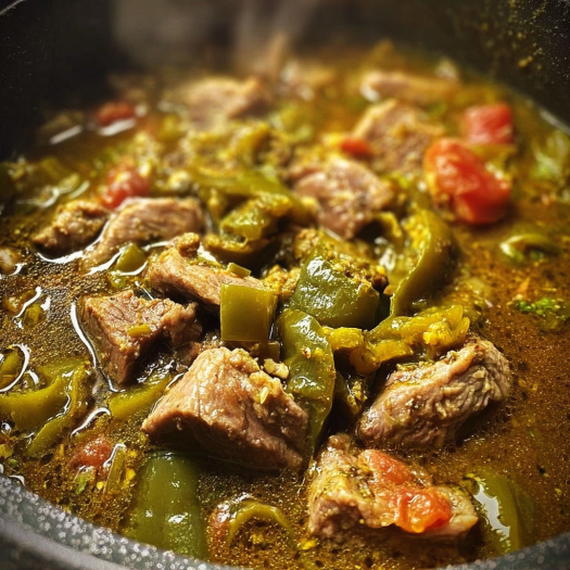 A bowl of Grandma's Chili Verde and Spanish Rice, filled with meat and vegetables, is ready to be served.