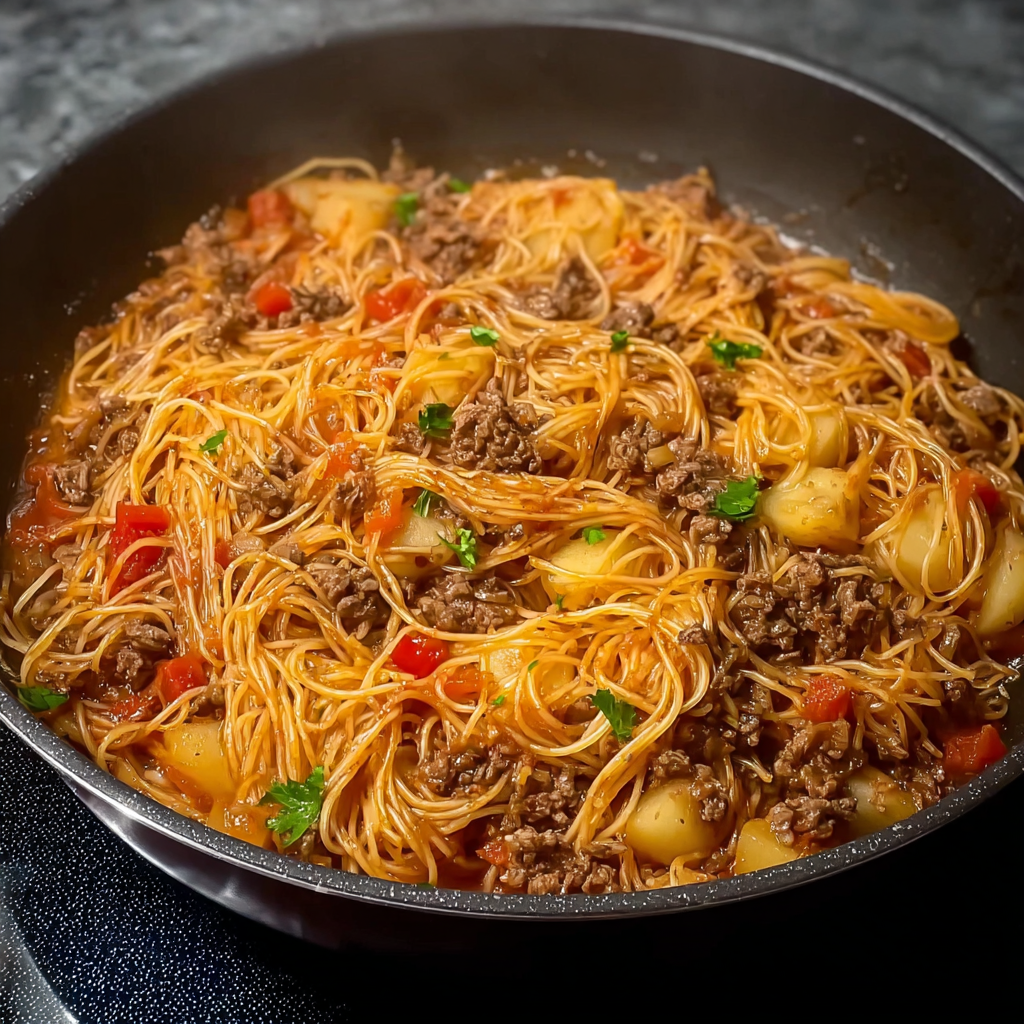 A delicious Fideo with potatoes and ground beef, cooked to perfection in a pan.