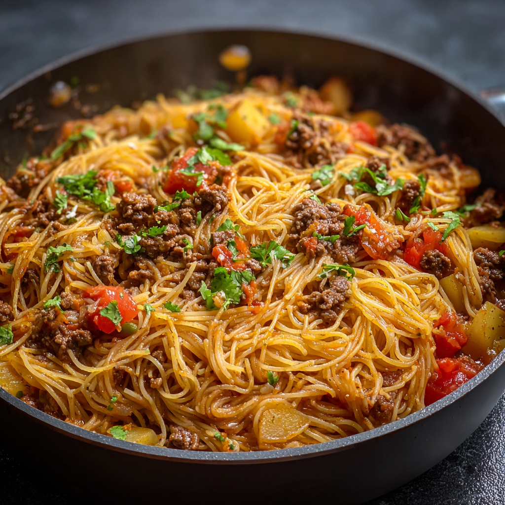A delicious beef and tomato stir fry in a black pan.