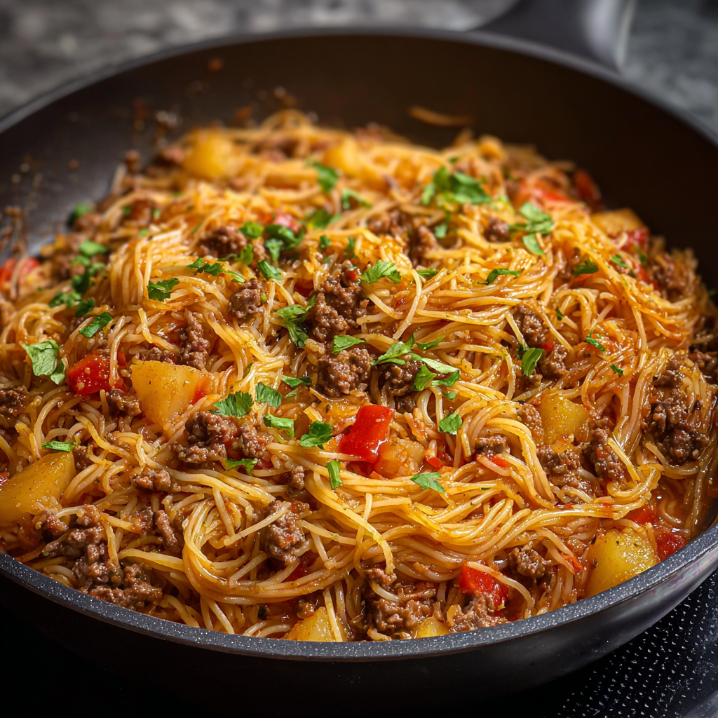 A delicious pasta dish with meat and vegetables, served in a black pan.