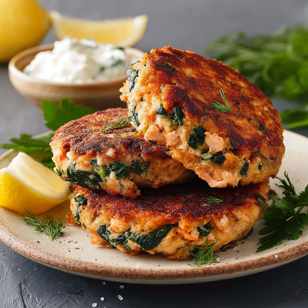Two pieces of Mediterranean Salmon Spinach Patties on a plate.