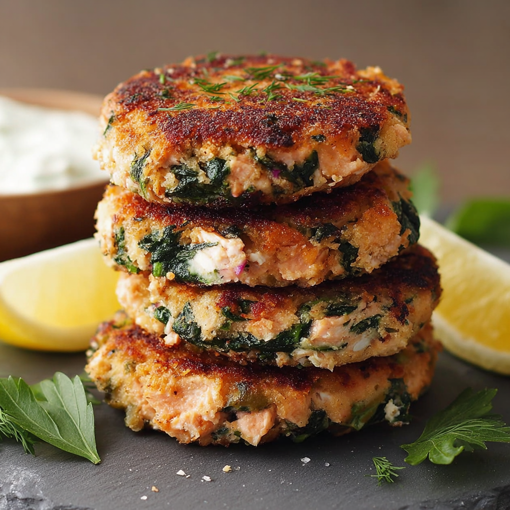 A stack of fish cakes with a lemon wedge on top, ready to be served.