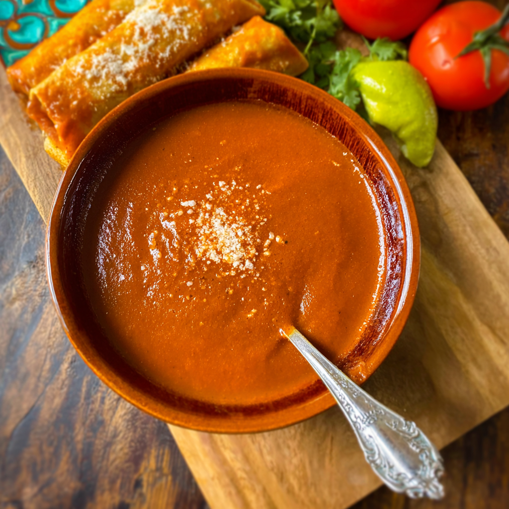 A bowl of soup with a spoon in it, accompanied by a plate of tomatoes and a piece of bread.