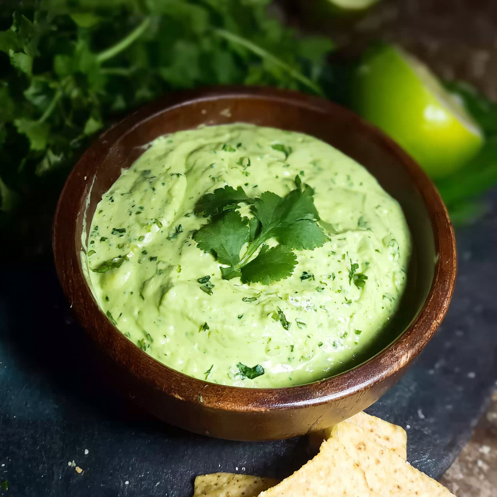 A bowl of Avocado Jalapeño Dip is served with tortilla chips.