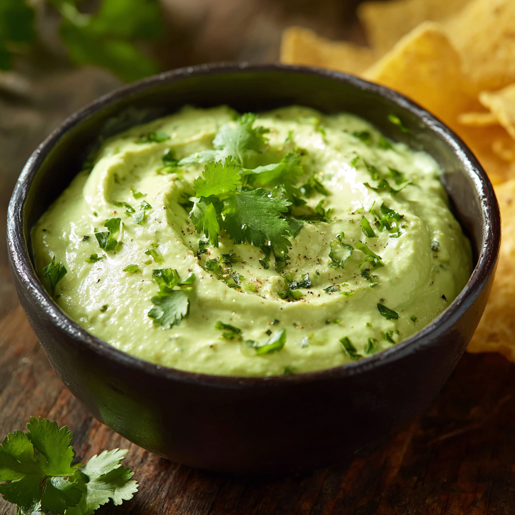 A bowl of green dip with a spoon in it, placed on a wooden table.