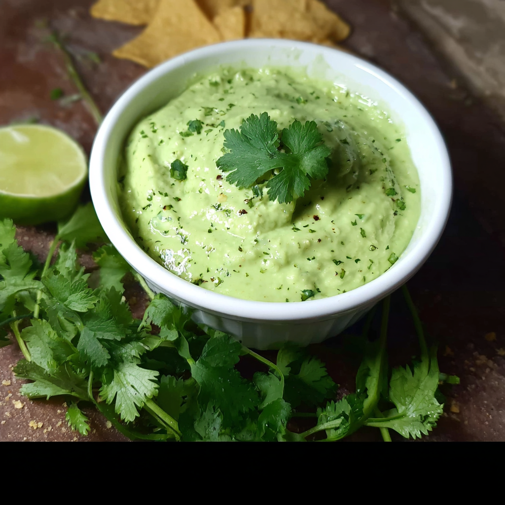 A bowl of guacamole with a lime wedge and a sprig of cilantro on a table.