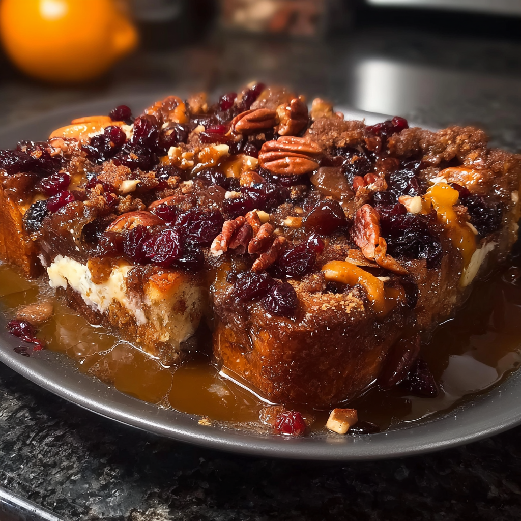A plate of Capirotada Extra Raisins and Pecans, drizzled with caramel sauce.