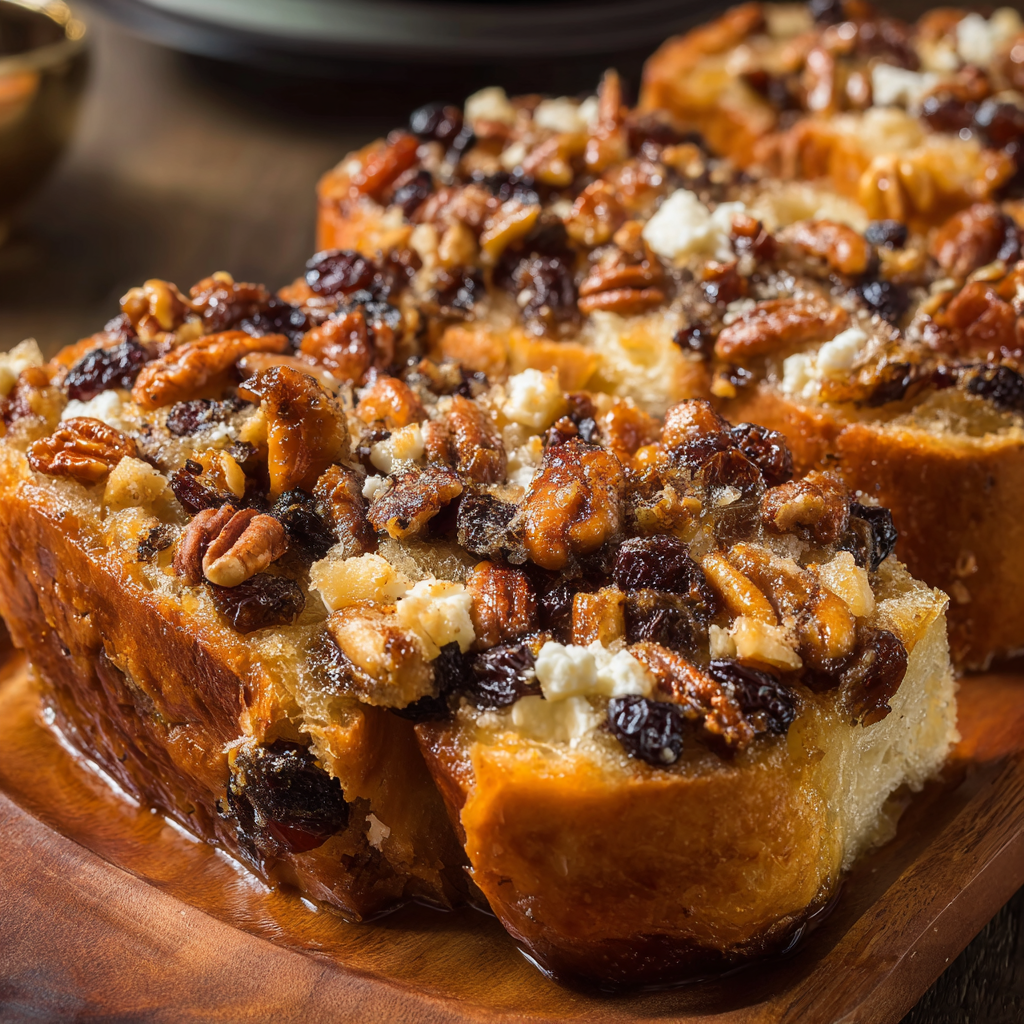 A delicious dessert made with bread, raisins, pecans, and cheese.