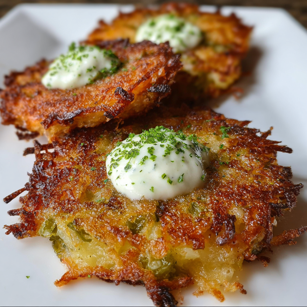 A plate of delicious green chile cheese potato cakes with green chile sour cream.